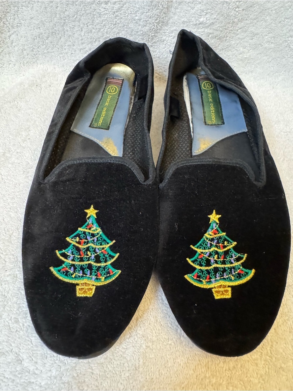 Vtg Basic Editions Christmas Tree Velvet Loafers Flats Slippers Black Womens 10